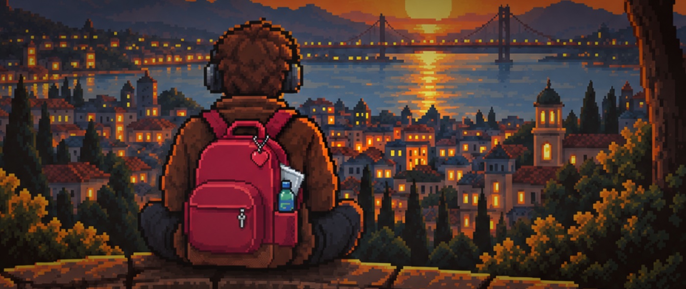 A traveller with a red backpack, headphones on, looking out over a city at sunset