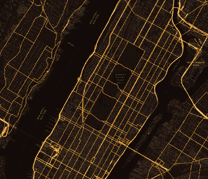 A dithered pixel map of a city, the streets picked out in orange