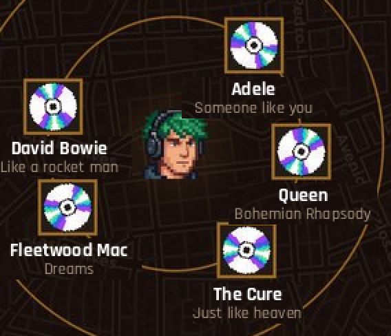 Song markers sitting on the radar rings, each a disc with the artist and title under it